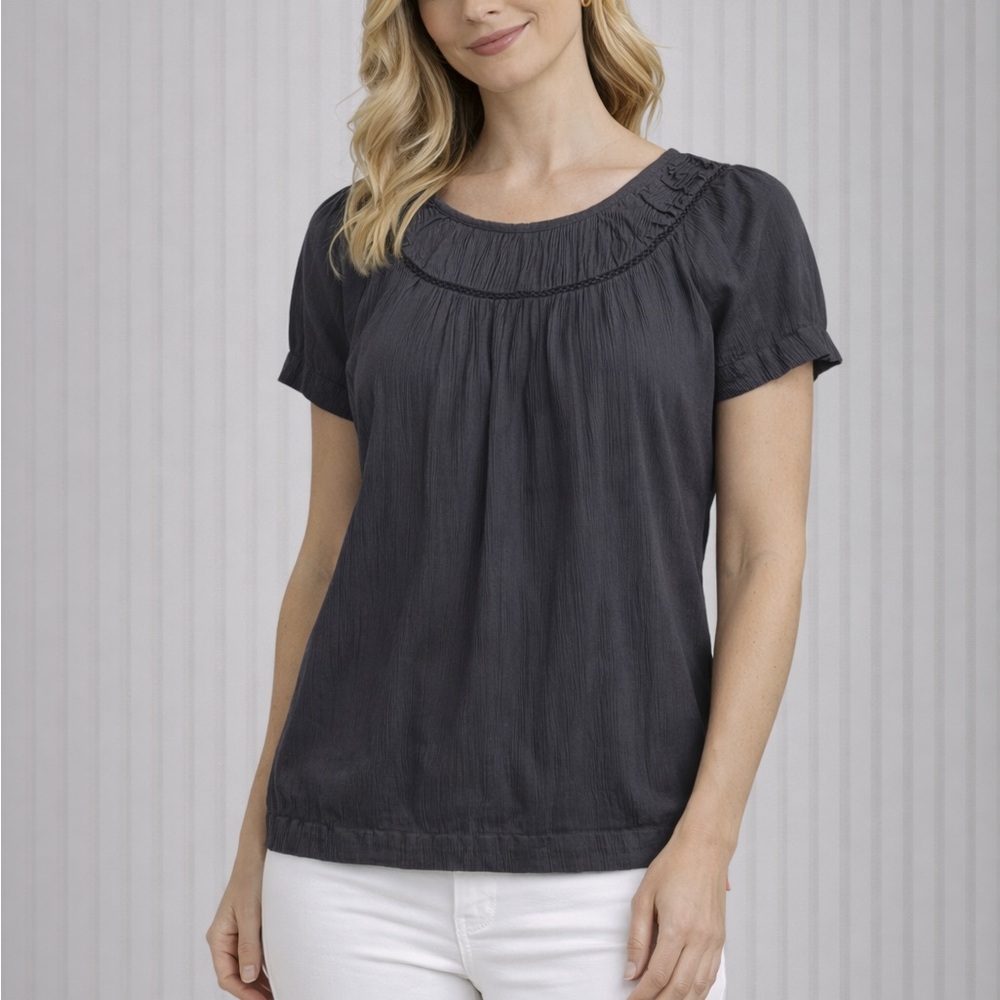LOFT Smoky Black Flowy Blouse | Pleated Neck | Lightweight Rayon Top Size M